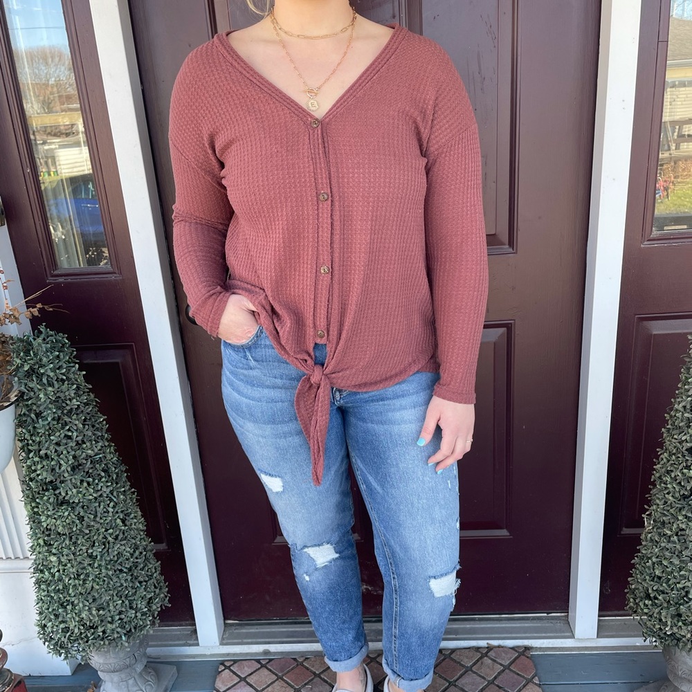 Tie front waffle knit button up